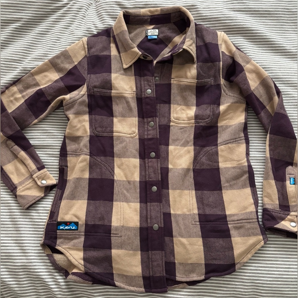 Kavu Wren Shirt Jacket Checkered Shirt - Purple and Tan size XS 100% Cotton